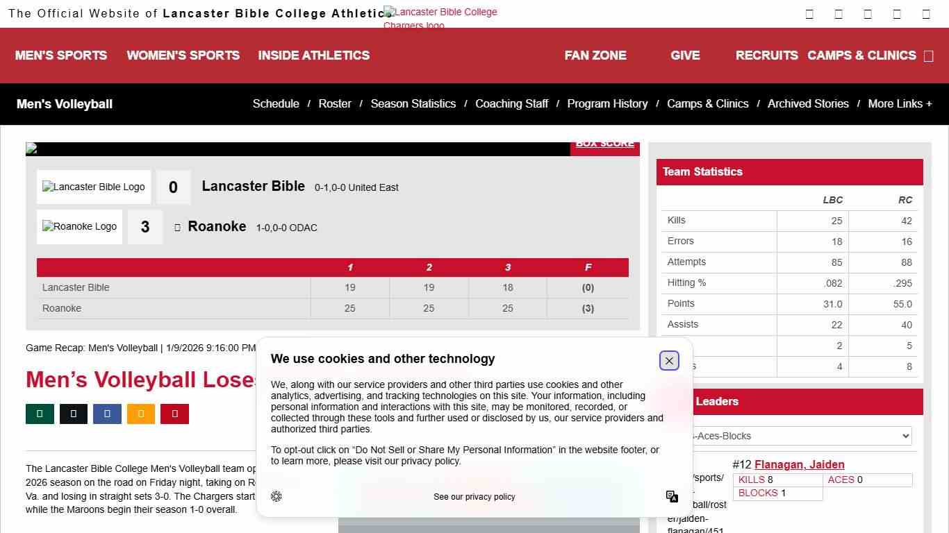 Men’s Volleyball Loses Opener at Roanoke - Lancaster Bible College Athletics