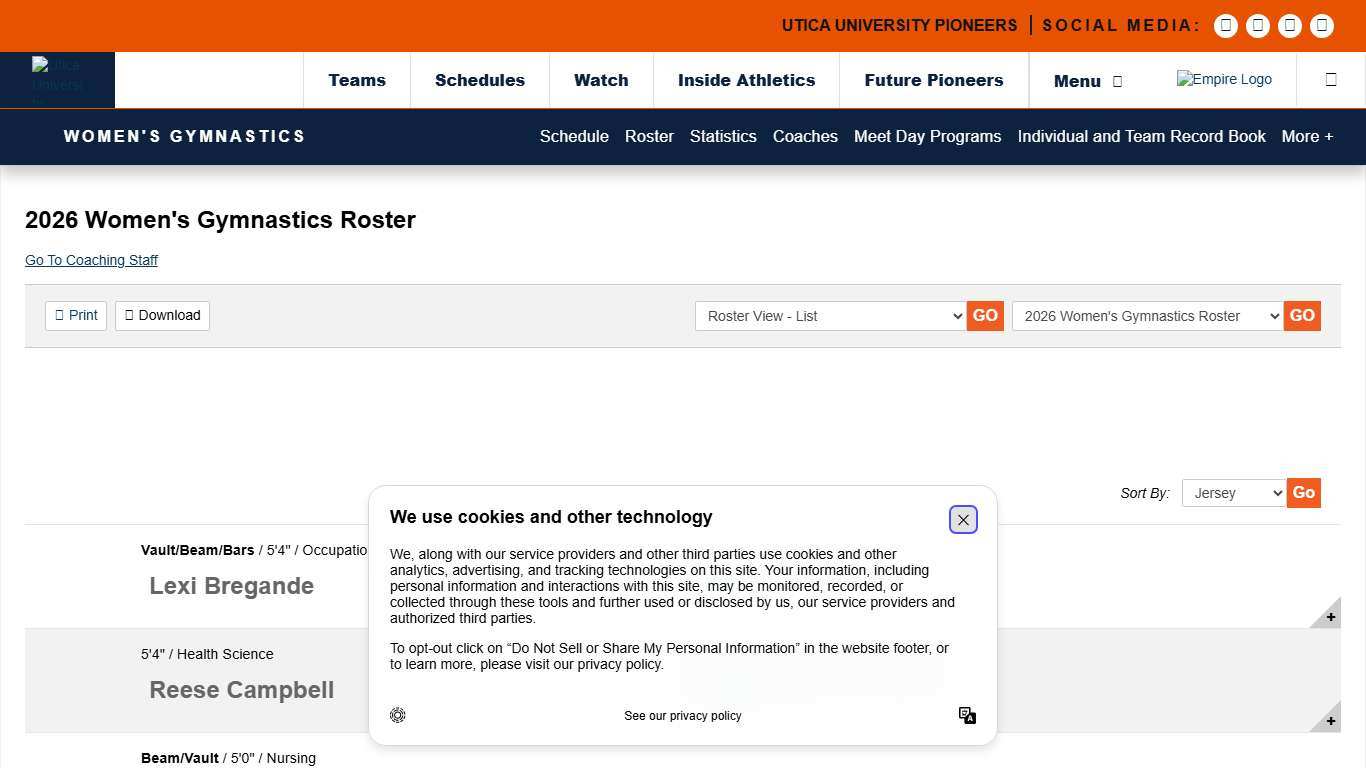 2026 Women's Gymnastics Roster - Utica University Athletics